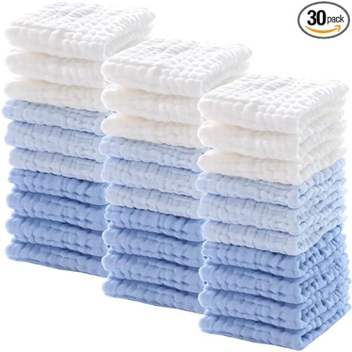 30 Pcs Baby Muslin Washcloths Muslin Burp Cloths Baby Towel Natural Cotton Burp Cloths Wipes Soft Newborn Face Towel Absorbent for Face Bath Shower, 12 x 12'' (Light Blue, White, Blue)