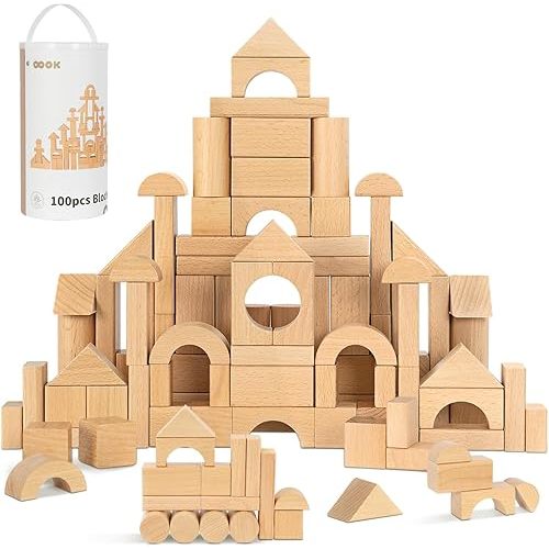 Natural Beech Wood Building Blocks for Toddlers 1-3, 100pcs Kids Wooden Blocks with Storage Bucket and Shape Sorter Lid, Preschool Learning Toys for Boys and Girls