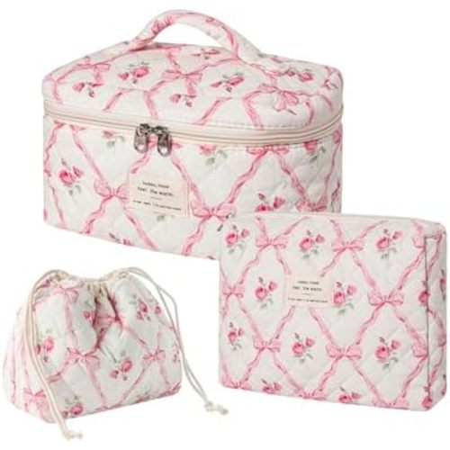 3pcs Large Cotton Quilted Makeup Bag Set,Coquette Aesthetic Cute Travel Toiletry Bag,Drawstring Gift Bag for Women and Girls(3Pcs Pink Bow)