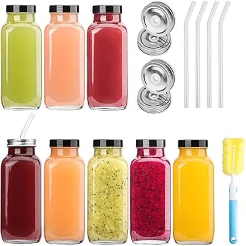 8 Pack 16 OZ Glass Juice Bottles with Airtight Lids & 4 Straws & 4 Lids w Hole, Reusbale Clear Glass Homemade Drinking Jars, Glass Bottles for Juicing, Smoothies, Water, Milk, Kombucha