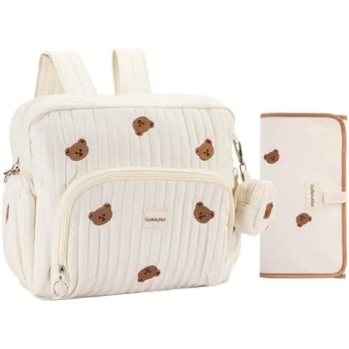 Diaper Bag Backpack, Mini Maternity baby bag with Changing Pad, Insulated Pockets, Stroller Straps & Pacifier Case (Beige - Bears)