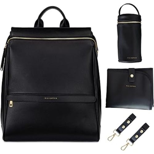 Leather Diaper Bag Backpack with USB Charging port, Changing Pad, Stroller Straps, and Bottle Holder (Black Sophia)