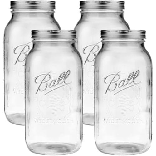 Ball Wide Mouth Glass Mason Jars with Lids and Bands, Used for Canning, Pickling, Juice, Jam, Jelly, Half Gallon Size 64 Ounce (Pack of 4)
