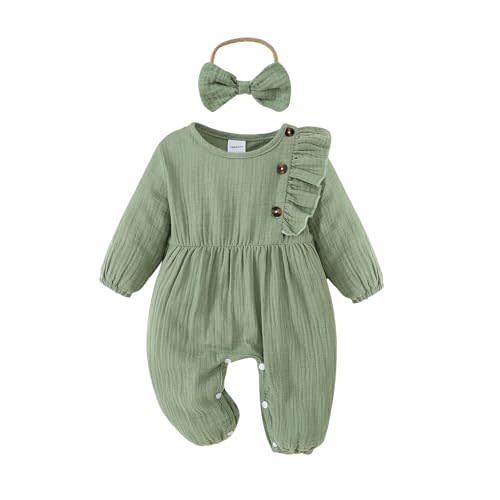 Twosya Newborn Baby Girls Smocked Romper Preemie Long Sleeve Going Home Outfit with Bow Headband