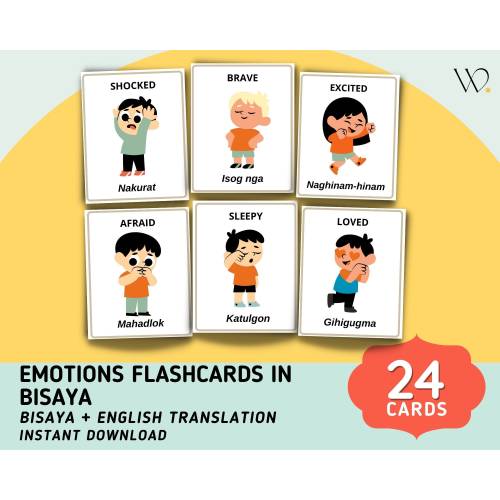 Emotions in Bisaya Flashcards (24 Cards) with English Translation - Bisaya English Flashcards - Filipino Montessori Flashcards