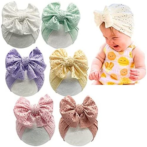 Baby Girls Hair Bow Turban Hat 6PCS Set, Top Bowknot Head Wrap Beanie India Caps for Infant Toddlers