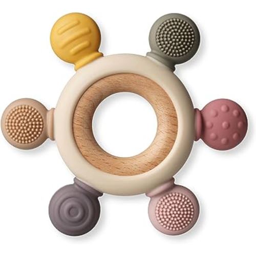 Baby Teething Toys, Silicone Chewable toys with Organic Wooden Ring for Infants 3+ Months, Silicone Teething Toys for Soothing Sore Gums, Sucking Needs (6 Directions, Khaki)