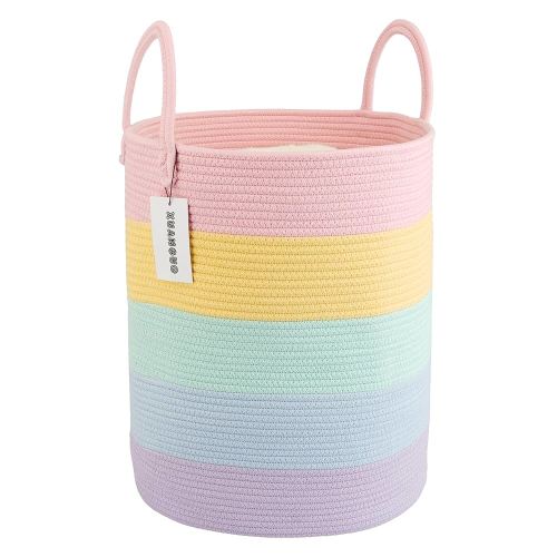 Rope Laundry Basket Hamper for Kids Girl Woven Storage Basket for Living Room Bedroom Boho Tall Baskets for Blanket Toys Pillow Towels Baby Nursery Hamper Bin rainbow