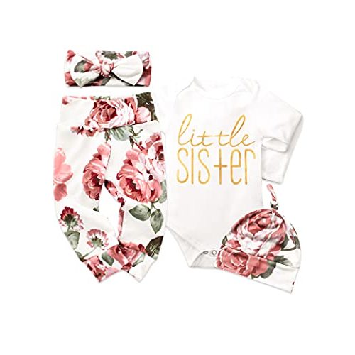 KANGKANG Newborn Baby Girl Clothes Hi I'm New Here Newborn Outfit Infant Romper Floral Pants Cute Baby Girl Outfits 4PC Set