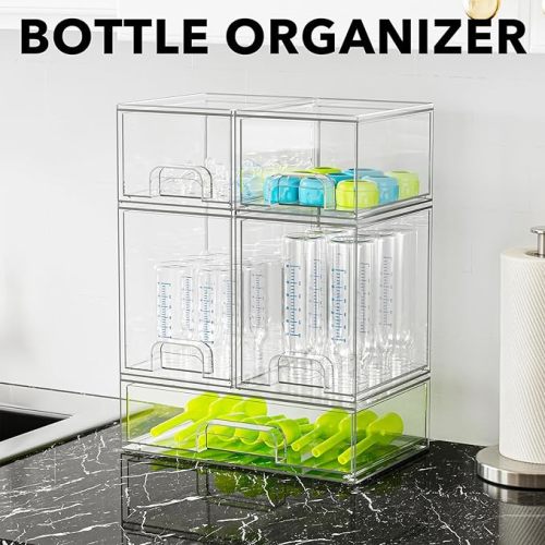 SpaceAid Bottle Storage Organizer Baby - Acrylic Bottles Station Organizer Container, Stackable Clear Drawers for Countertop, Vanity, Bathroom, Cabinet, Pantry Organization, 5 Pack, 2S2M1L, 15.4" H