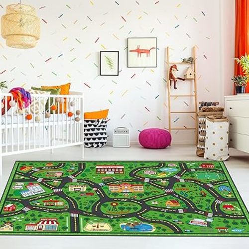 Kids Carpet Playmat Rug 4 x 6 ft Player Car Rug, City Life Traffic Road Map Mat Educational Game Area Mat for Toddler Children Playroom Classroom Bedroom(Green)