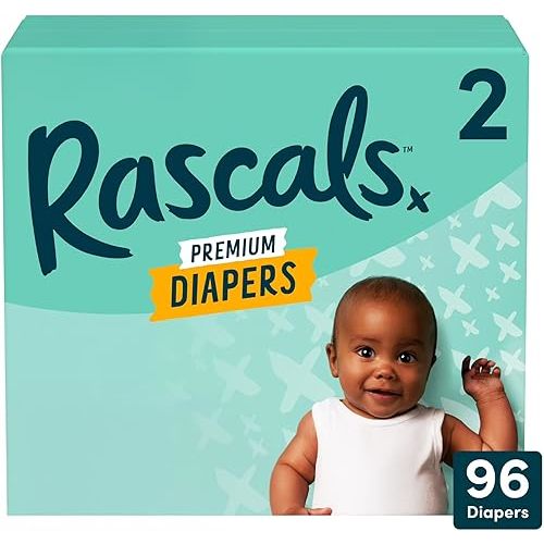 Rascals Premium Absorbent Baby Diapers with Deep Pocket and Triple Leak Guards for Blowout Protection (2-96ct)