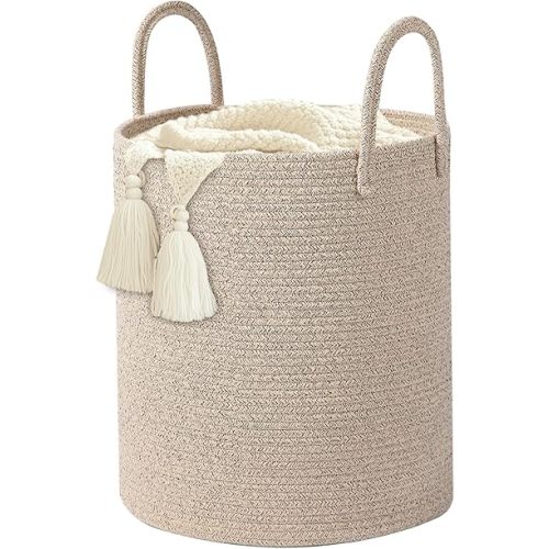 Large Woven Laundry Basket Hamper,Cotton Rope Storage Basket with Handles, 60L Capacity, 15x20 Inch, Beige, Woven Rope Basket Organizer for Laundry, Toys, Blankets