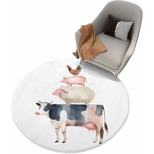 Greeeen Shag Area Rug, 4ft Indoor Round Area Rugs- Cow Pig Sheep Chicken Farmhouse Animal Pattern Shaggy Carpet Nursery Rug for Kids Baby Bedroom Living Room Home Decor