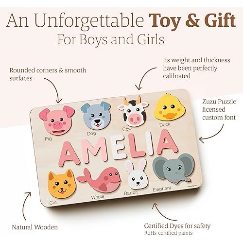Personalize Name Puzzle for Toddler with Animal, Baby Gift for Girl and Boy 0 1 2 3 Year Old, Personalized Puzzle for Kid, 1 Year Old Kid Gifts, Customized Baby Gift, Educational Name Toy