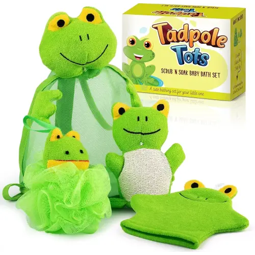 Baby Loofah for Bathing Set for Kids Body Scrubber Cute Cartoon Kids Loofah Baby Bath Scrubber for Children Shower Washing Exfoliating, Baby Bath Sponge Green Frog Included