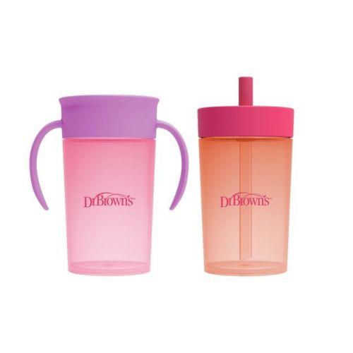 Dr. Brown's 10 oz Milestones Straw to 360° Cup Set, with Interchangeable Silicone Straw - Aqua Blue - 2pk