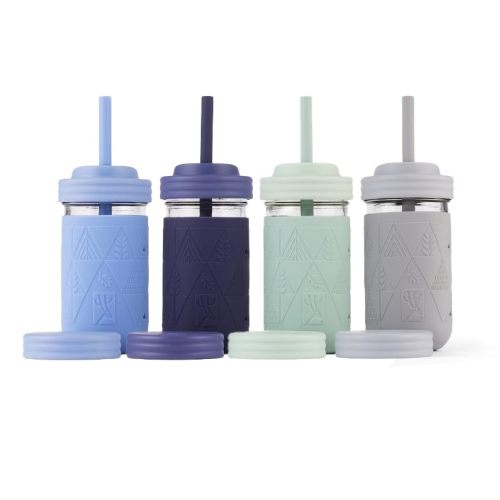 Elk and Friends Kids/Toddler 12oz Glass Mason Jars + Sleeves + Lids | 4pk | Silicone Sleeves | Straws with Stoppers | Food Storage | Spill Resistant | Dishwasher Safe | Perfect for Smoothies