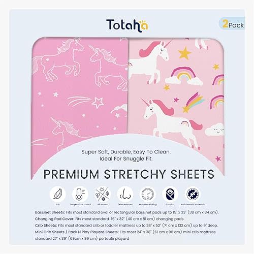 TotAha Premium Soft Unicorn Bassinet Sheet for Girl, Super Stretchy Jersey Knit Bassinet Fitted Sheet, Compatible with Halo, Maxi COSI, Mika Micky, SNOO, Baby Delight Mattress, 2 Pack