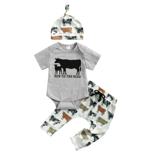 Karuedoo Newborn Baby Boy Clothes New to The Herd Romper Cow Print Pants Hat 3Pcs Set Western Coming Home Outfit