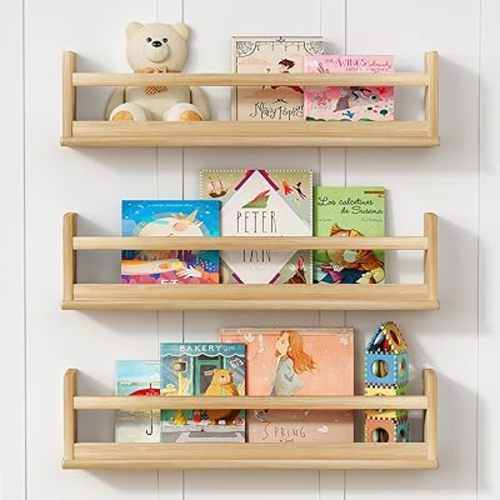 Upgraded Natural Wood Wall Bookshelf for Kids Bedroom Set of 3, 24 Inch Wooden Floating Nursery Book Shelves for Baby Boys Girls Room, Mounted Bookshelves for Toy Organizers and Storage