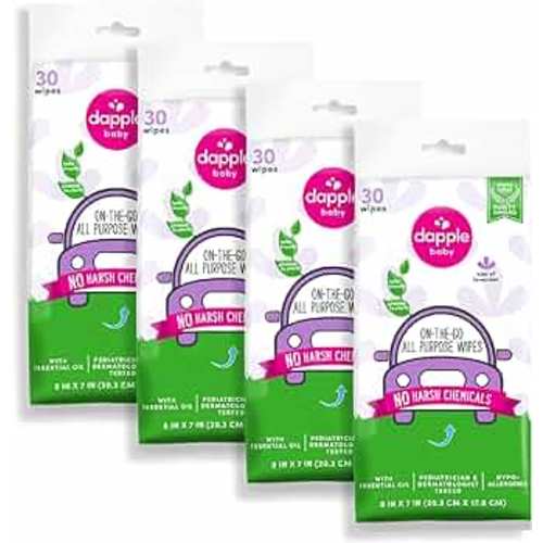 dapple All Purpose Wipes Baby, Hint of Lavender, 30 Count Pouch (Pack of 4) - Plant Based & Hypoallergenic Cleaning Wipes