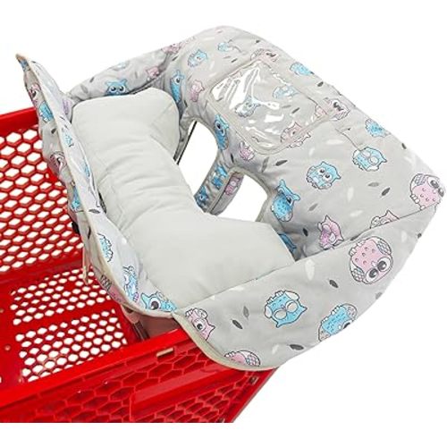 Soft Pillow Attached 2-in-1 Shopping Cart and High Chair Cover for Baby, Cotton Padded Cart Cover, Fold'n Roll Style, Portable with Carry Bag (Gray Owl)