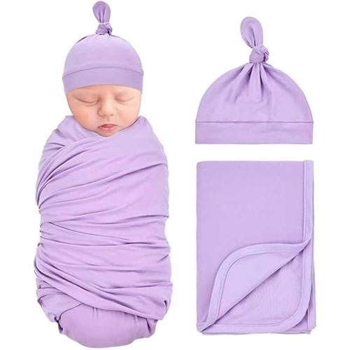 2pcs Soft Stretchy Nursery Baby Girl Boy Newborn Receiving Swaddle Blanket with Matching Turban Hat Beanie (Purple)