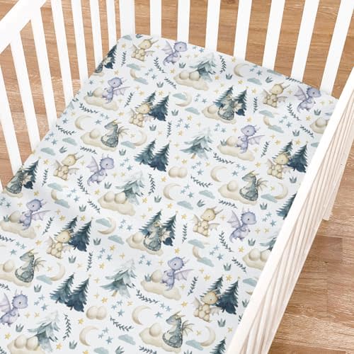 Fairytale Dragons Fitted Baby Crib Sheet for Girl Boy 52"x28" Cute Dragons Eggs Moon Stars Trees Crib Mattress Covers Soft Breathable Dreamy Animal Baby Sheet for Standard Crib & Toddler Bed Mattress