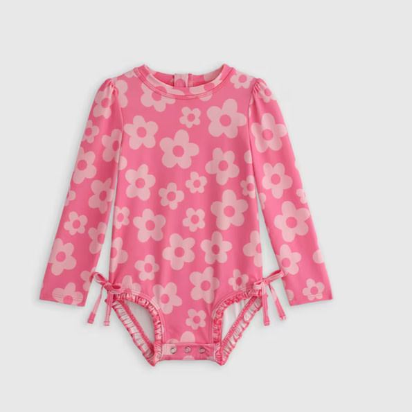 Long Sleeve Tie One-Piece Swimsuit - Baby in Pink Daisy