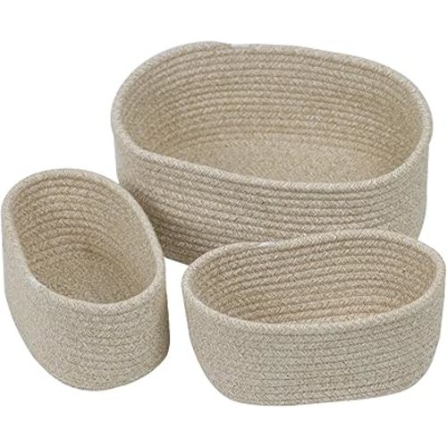 Set of 3 Rope Baskets, Woven Baskets for Storage, Small Storage Baskets for Organizing, Decorative Baskets for Gifts Empty, Cute Baby Closet Baskets Bins for Shelves (Camel)