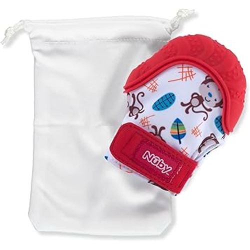 Nuby Soothing Teething Mitten with Hygienic Travel Bag, Red Monkey, 1 Count (Pack of 1)