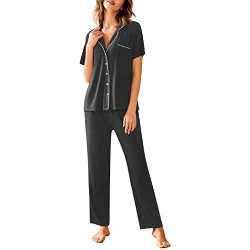 Avidlove Women Pajamas Set Notch Collar Soft Sleepwear Pjs Short Sleeve Button Down Nightwear with Long Pants