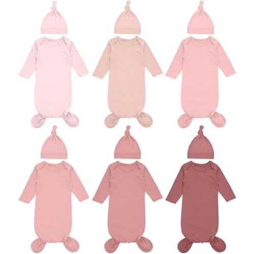 Cuffbow 6 Packs Newborn Baby Knotted Gowns Set 0-6 Months Cotton Sleeper Long Sleeve Nightgown and Hat Set for Infant Baby