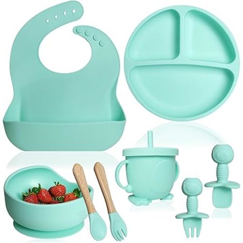 Bluet B- Silicone Baby Feeding Set - Baby Led Weaning Supplies - Baby Spoons, Suction Bowl - Plate - Baby Utensils Set - Silicone Feeding Set for Baby First Foods, Infant Eating - 8pcs - Green