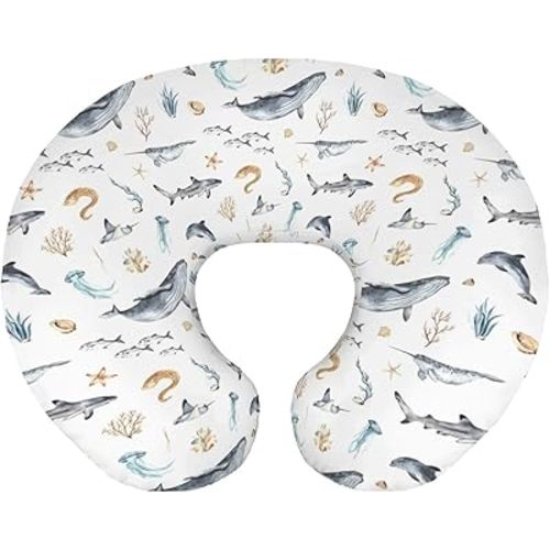 Baby Boys Nursing Pillow Cover Under The Water Sea Animals, Ocean Creature Whale Fish Breastfeeding Pillowcase, Marine Life Bottle Feeding Pillow Slipcover Shower Gift Cover Only