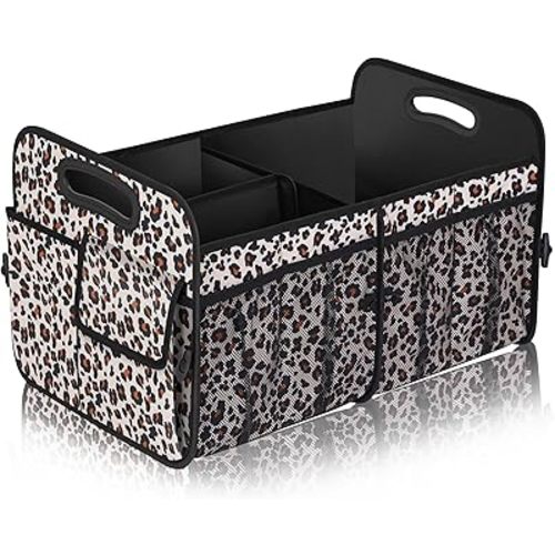 Femuar Car Trunk Organizer, Large Capacity Collapsible Trunk Storage with 11 Pockets, Waterproof, Non-Slip, Suitable for Car, SUV, Truck, Van, Jeep, Sedan, Leopard Print