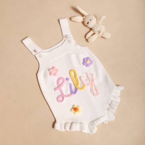 Cute Hand Embroidered Romper, Baby Name Romper, First Birthday Outfit, Personalized Knit Romper with Name, Baby Girl Gift, Baby Shower Gift