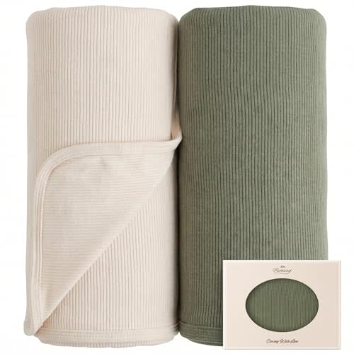 Konssy Ribbed Knit Baby Blankets 2 Pack, Stretchy Lightweight Swaddle Blanket for Boys & Girls, Soft Cozy Receiving Wrap for Newborns, Infants, & Toddlers, 33x42 Inch