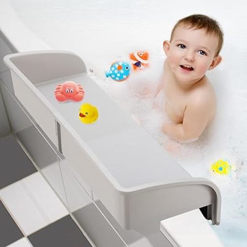 Bathtub Splash Guard, Bathtub Splash Guard for Tub Kids, Splash Guard for Bathtub Kids, Bathtub Splash Guard Play Shelf Area for Kids - Grey - Fits Tub Frames from 1' to 4.5'
