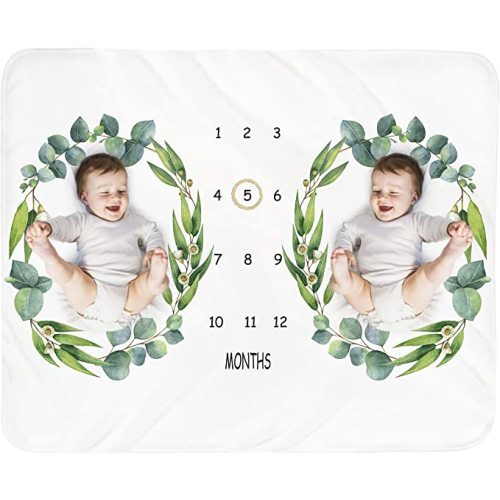 Baby Monthly Milestone Blanket Twins - Newborn Month Blanket Unisex Neutral Personalized Shower Gift Leaf Nursery Decor Photography Background Prop with Wooden Wreath Large 51''x40''