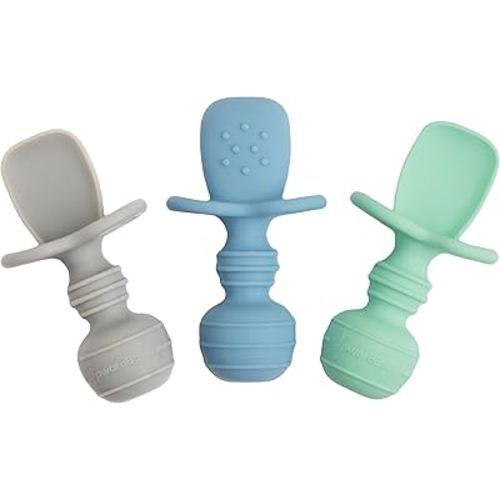 UpwardBaby Silicone Baby Spoons Self Feeding 6 Months - Feeding Essentials, Baby Led Weaning Supplies, BPA Free, Chewable Toddler Utensils with Anti Choke Barrier