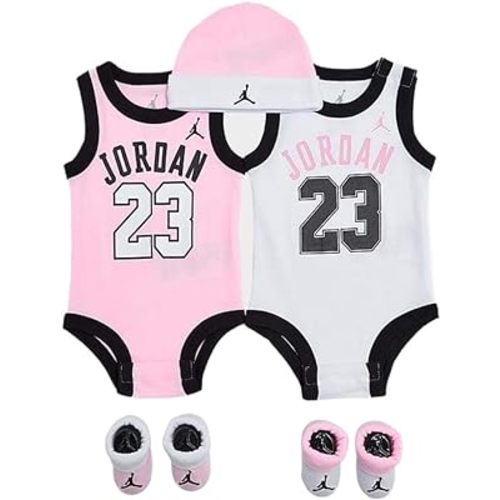 Nike Baby's Bodysuit, Hat and Booties 3 Piece Set (0-6 Months, White/Pink 5 Set)