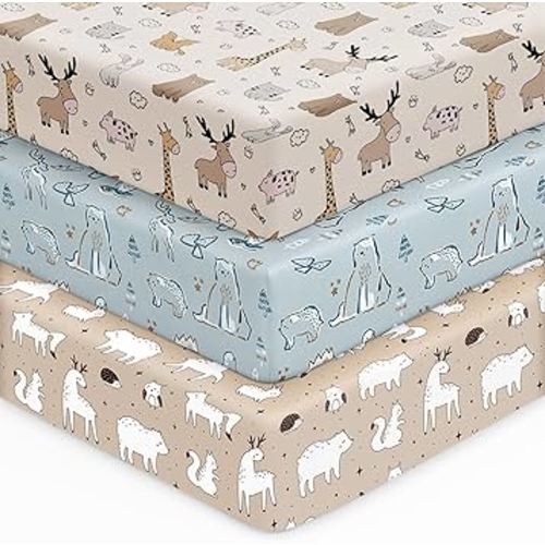 Baby Crib Sheets for Boys Girls, 28x52x8in Fitted Crib Sheet Neutral 3 Pack for Standard Crib and Toddler Mattress, Breathable Soft Microfiber Baby Sheet Blue & Apricot Bear