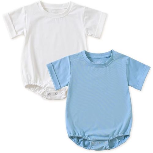 Jimonda Baby Bubble Rompers Boy Girl Solid Color T-Shirt Outfits Short Sleeve Button Bodysuit Cotton Tops Clothes 2Pcs