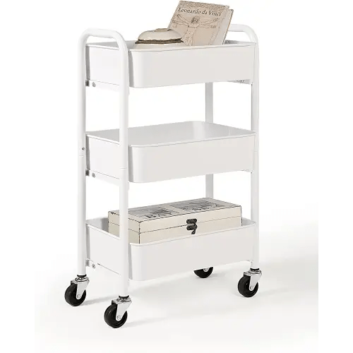 SunnyPoint 3-Tier Delicate Compact Rolling Metal Storage Organizer - Mobile Utility Cart Kitchen/Under Desk Cart with Caster Wheels (WHT, Compact (15.5" X 26.8" X 10.27"))