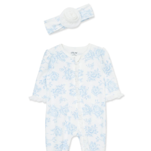 Blue Roses 2-Way-Zip Footed One-Piece And Hat