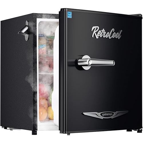 Upstreman 1.7 Cu.Ft Retro Mini Fridge, Low Noise, Energy Saving, Adjustable Thermostat, Single Door, Side Bottle Opener, Metal Handle, Compact Refrigerator for Office, Bedroom, Dorm-FR17 PRO (Black)