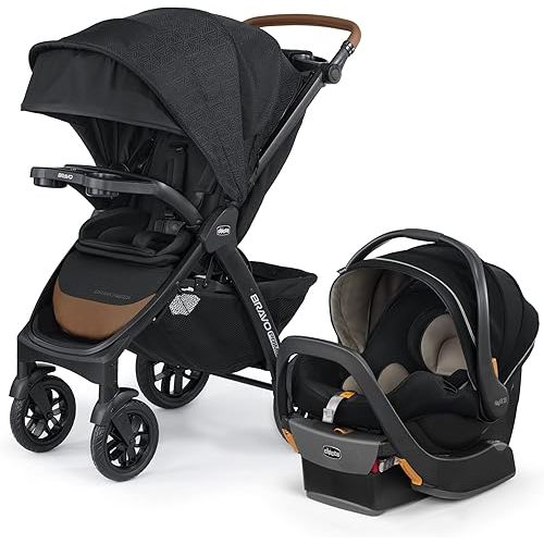 Chicco Bravo Primo Trio Travel System, Quick-Fold Stroller with Chicco KeyFit 35 Zip Extended-Use Infant Car Seat and Stroller Combo | Springhill/Black