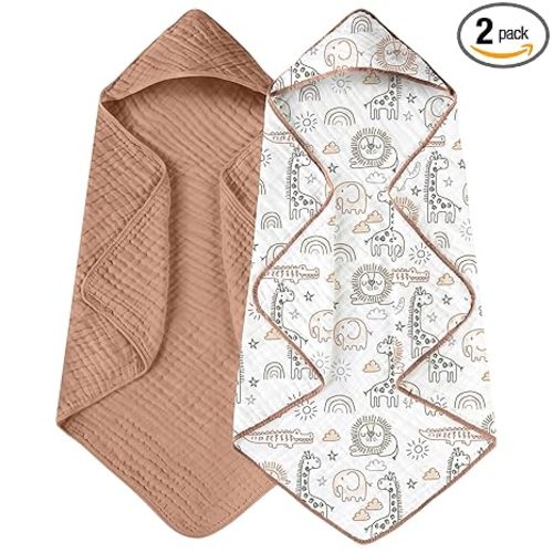 Hooded Baby Towels for Newborn 2 Pack 100% Muslin Organic Cotton Baby Bath Towel with Hood for Babies, Infant, Toddler and Kids, 32x32Inch, Soft and Absorbent Newborn Essential, Giraffe